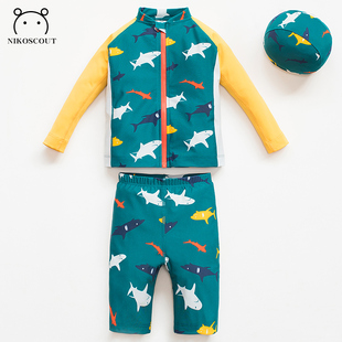 儿童防晒泳装 夏新款 小童鲨鱼男孩速干游泳衣套装 男童泳衣分体长袖