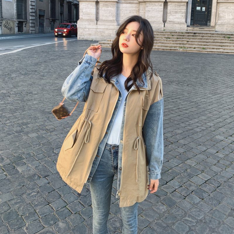 工装外套女秋冬百搭小风衣2020春秋新款韩版中长款牛仔拼接假两件