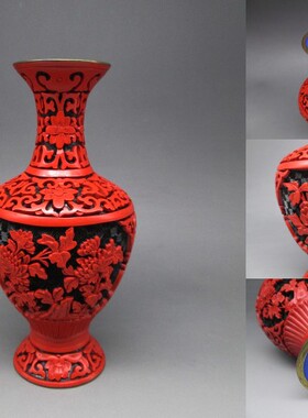 海外日本 回流 手工雕漆 老剔红缠枝牡丹富贵 漆器赏瓶 北京雕漆