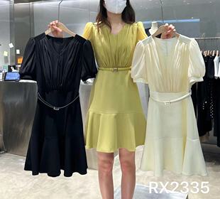 RUCY高级感褶皱V领网纱泡泡袖 连衣裙2023夏系带收腰显瘦a字鱼尾裙