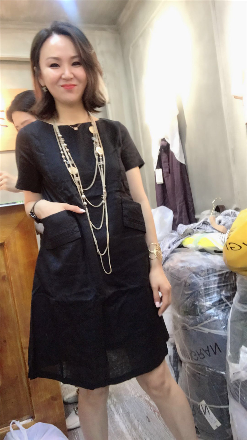 茗苒纯色苎麻连衣裙女夏通勤百搭气质直筒短袖圆领中长款休闲裙子