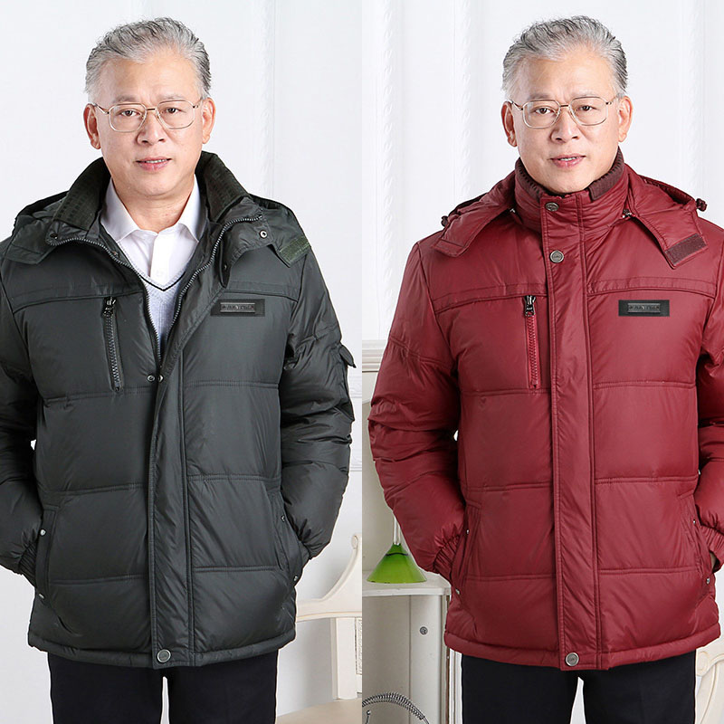 高档男装中年男士大红色枣红羽绒服本命年中老年爸爸酒红色外套