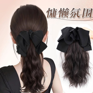 蝴蝶结抓夹假发水波纹短卷发马尾低扎蓬松超轻仿真发高扎假发辫子