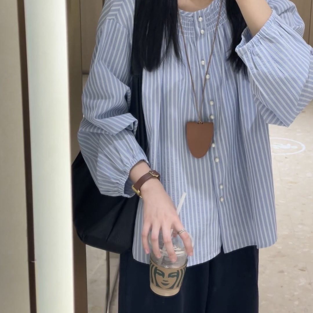 日系复古条纹衬衫女春夏季灯笼袖圆领百搭显瘦开衫上衣