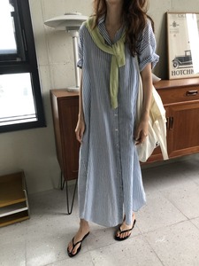 韩国chic24夏季大码胖MM复古慵懒风条纹衬衫宽松长款衬衫式连衣裙