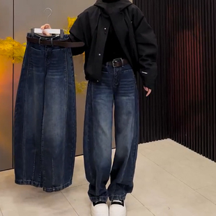 200斤秋冬高腰显瘦大码直筒牛仔裤女胖MM复古弯刀裤阔腿拖地长裤