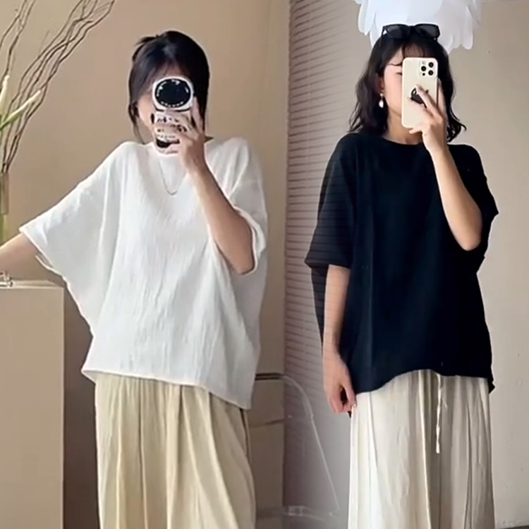 棉麻女上衣蝙蝠袖衬衫中袖特大码女胖MMt恤女宽松新款蝙蝠衫遮肚