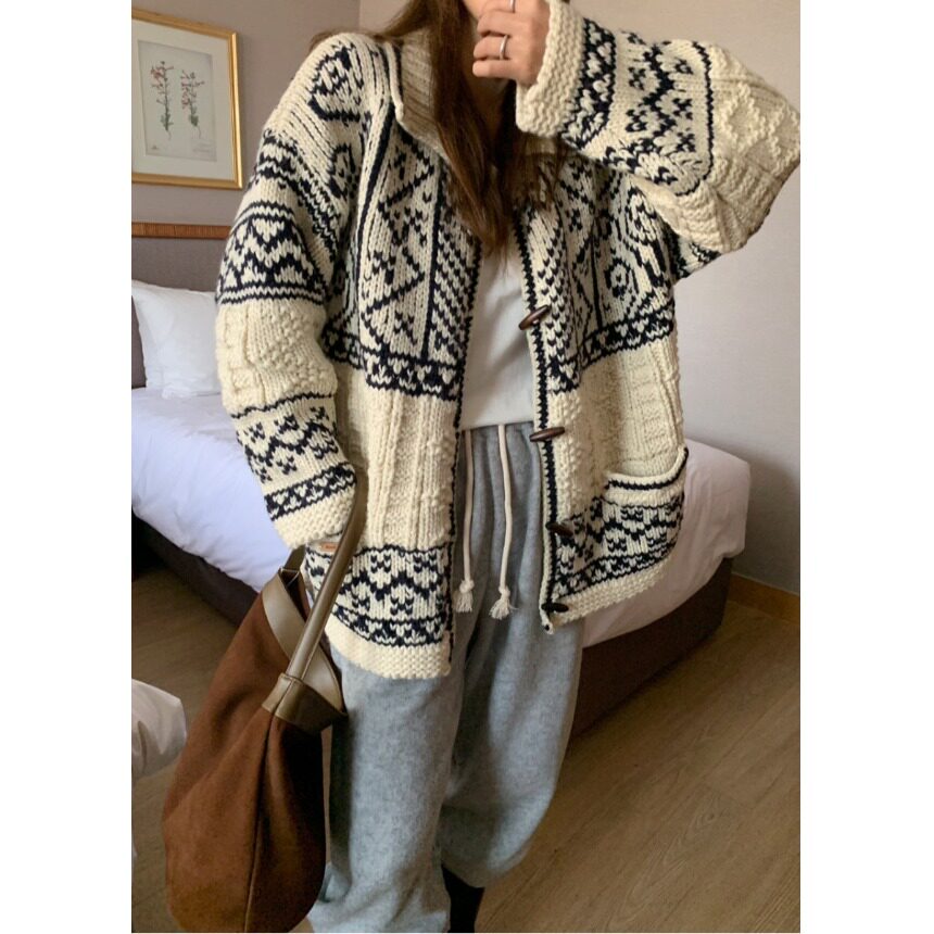 INS韩国东大门韩系氛围感费尔岛手工毛衣大码牛角扣开衫女开衫冬