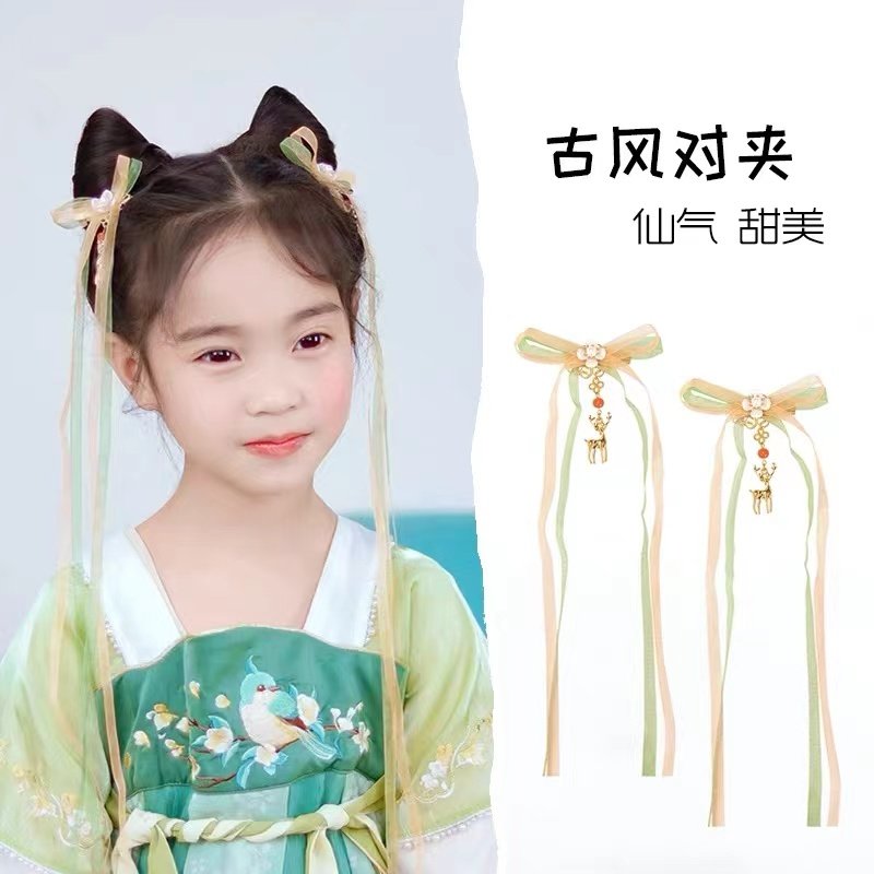 汉服对夹儿童发夹古风飘带发带古装发饰头饰蝴蝶边夹流苏原创超仙