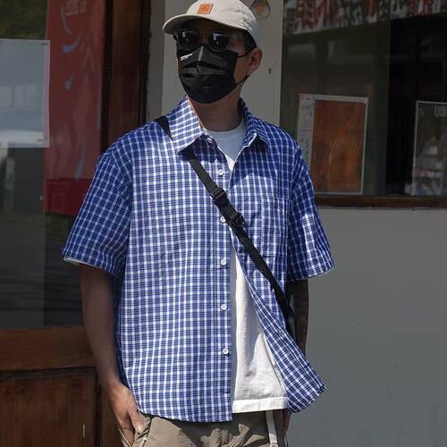 cityboy日系蓝白格子短袖衬衫男春夏季高级感痞帅青少年衬衣休闲