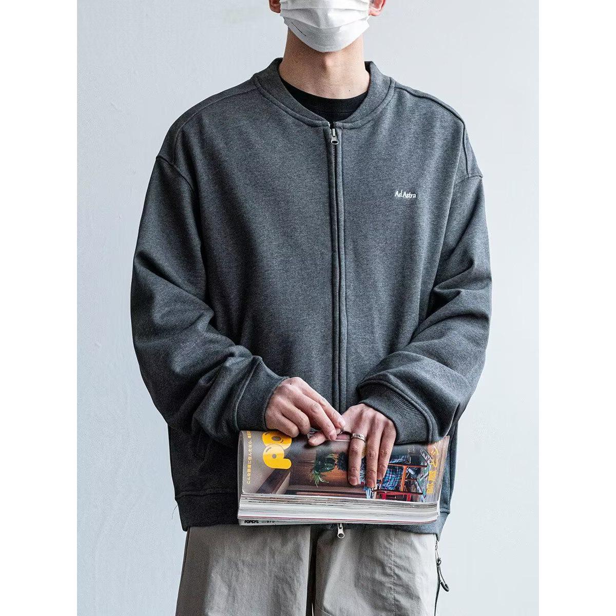 日式简约短款棒球领开衫卫衣男秋季纯色百搭宽松休闲cityboy外套