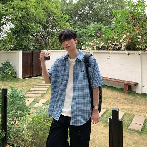 cityboy日系格子短袖衬衫男春夏季高级感痞帅青少年情侣衬衣休闲