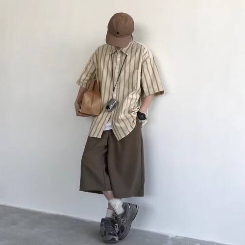 日系cityboy竖条纹短袖衬衫男夏季新款宽松冰丝薄款衬衣外套