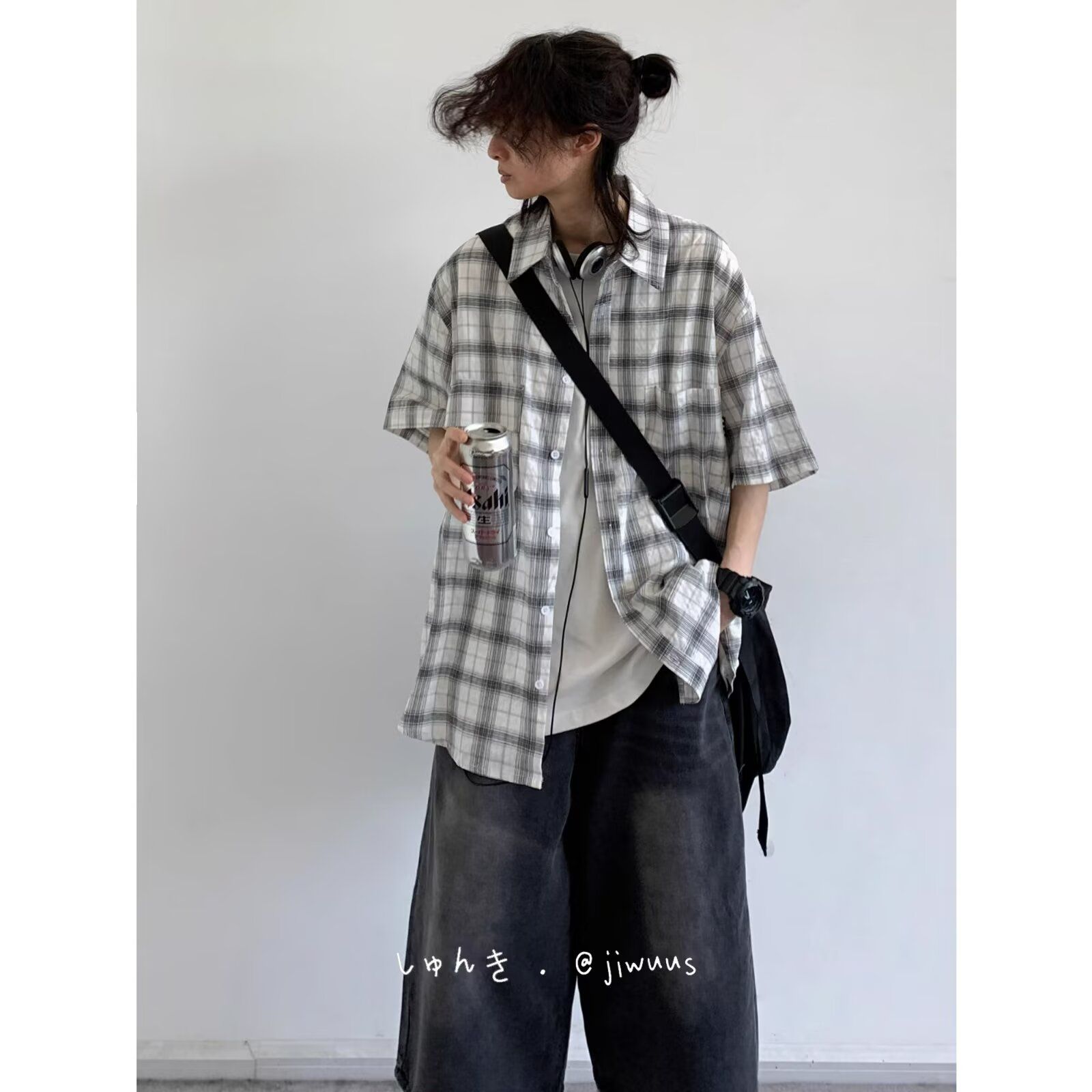 日系男装复古cityboy拼色格子翻领短袖衬衫夏季男生中性风衬衣图片