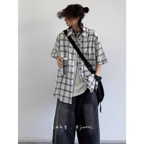 日系男装复古cityboy拼色格子翻领短袖衬衫夏季男生中性风衬衣