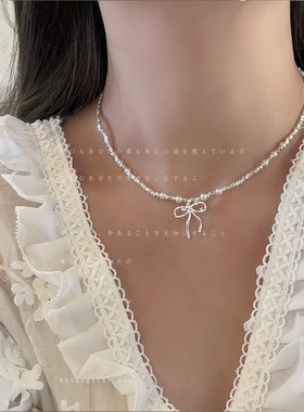 甜美蝴蝶结碎银子珍珠项链女个性