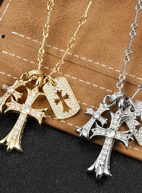 复古满钻镂空方牌十字架项链男女