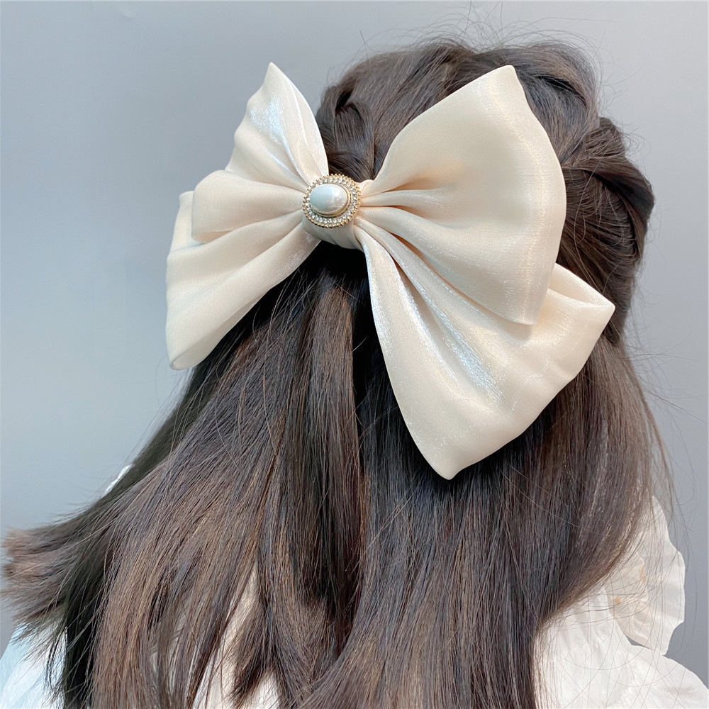 韩版网红新款欧根纱甜美双层蝴蝶结发夹镶钻珍珠宝石弹簧夹发饰女