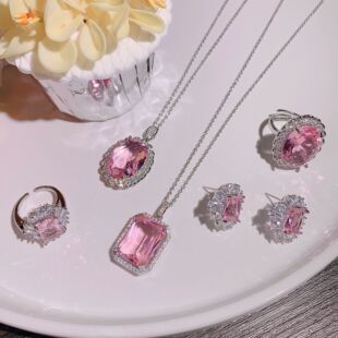 奢华气质公主长方形项链女仿真粉碧玺彩宝时尚网红镶钻开口戒指女