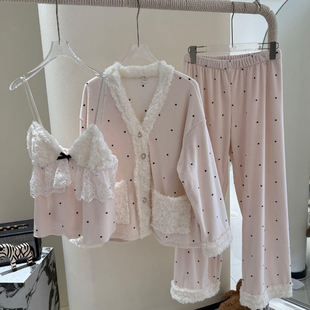 海岛绒睡衣女秋冬三件套纯欲甜美风2025新款带胸垫波点外穿家居服