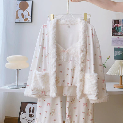 法式甜美少女小熊带胸垫睡衣女海岛绒双面绒加绒纯欲三件套家居服