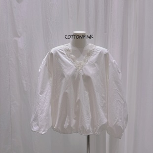 COTTONPINK女装设计师款衬衣V领花边长袖上衣女