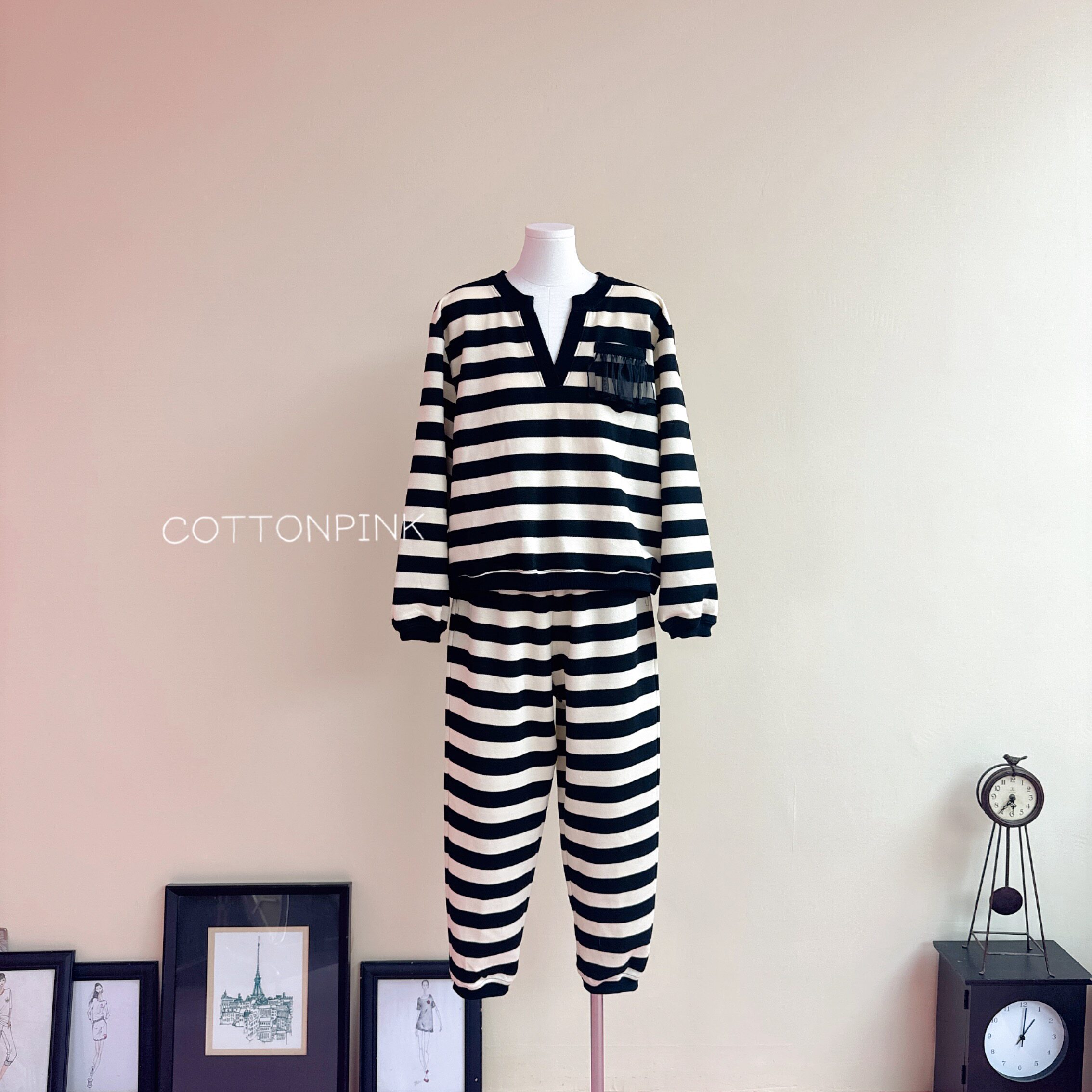 COTTONPINK小众设计师款条纹撞色简约休闲上衣裤子女装