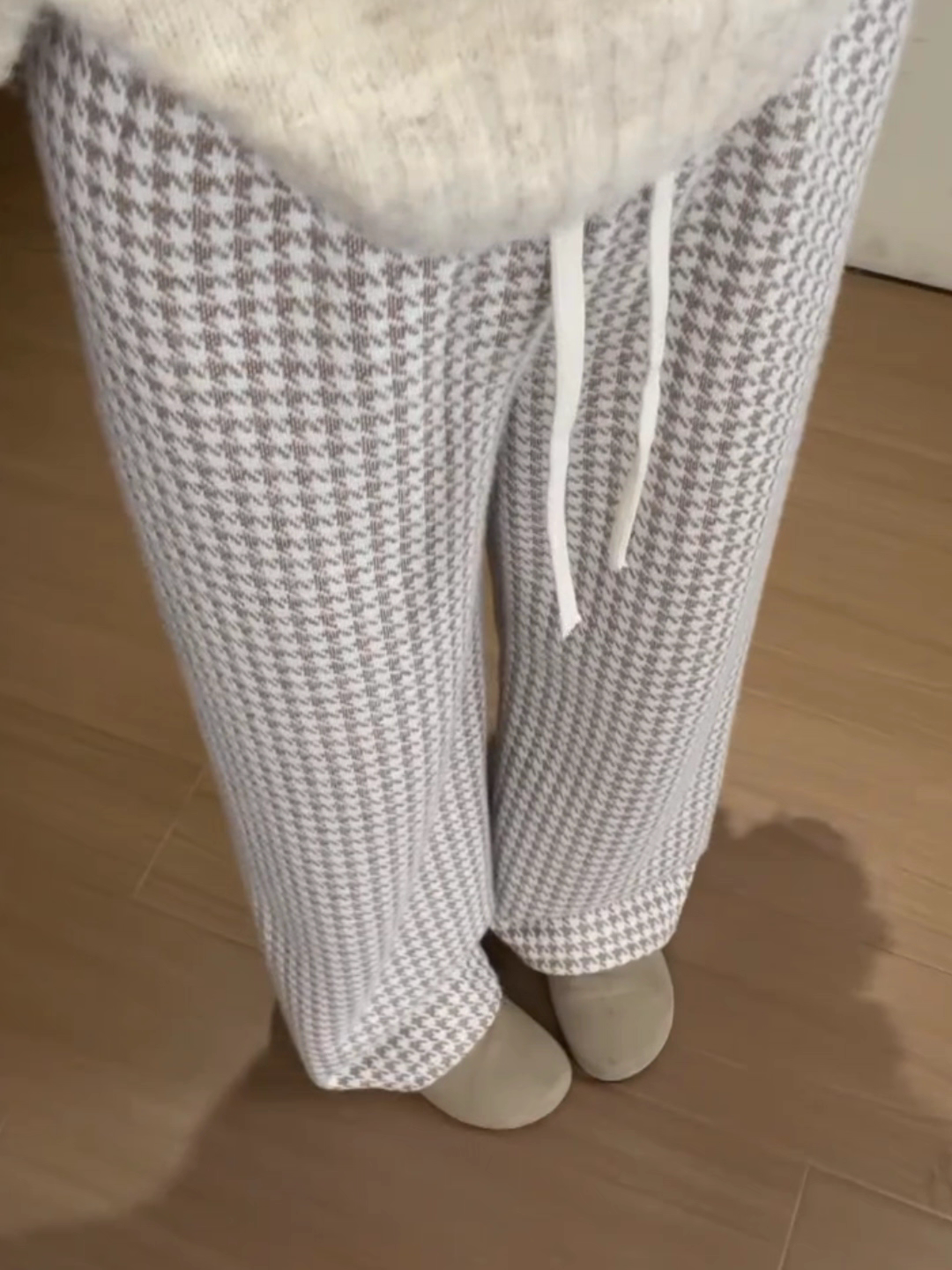 纯亚麻千鸟格阔腿裤女秋冬2026新款慵懒休闲加厚卡其色格子裤长裤