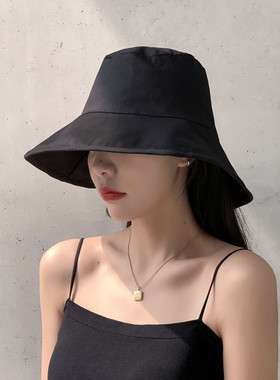 映画黑色渔夫帽女春夏遮阳帽子韩版ins百搭大帽檐太阳帽防晒遮脸