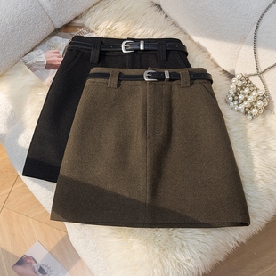 高级感羊毛呢半身裙女2025秋冬口袋高腰a字包臀裙显瘦小个子短裙