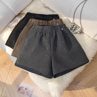 小香风亮闪闪灰色毛呢短裤女冬季高腰a字阔腿裤显瘦加厚休闲靴裤