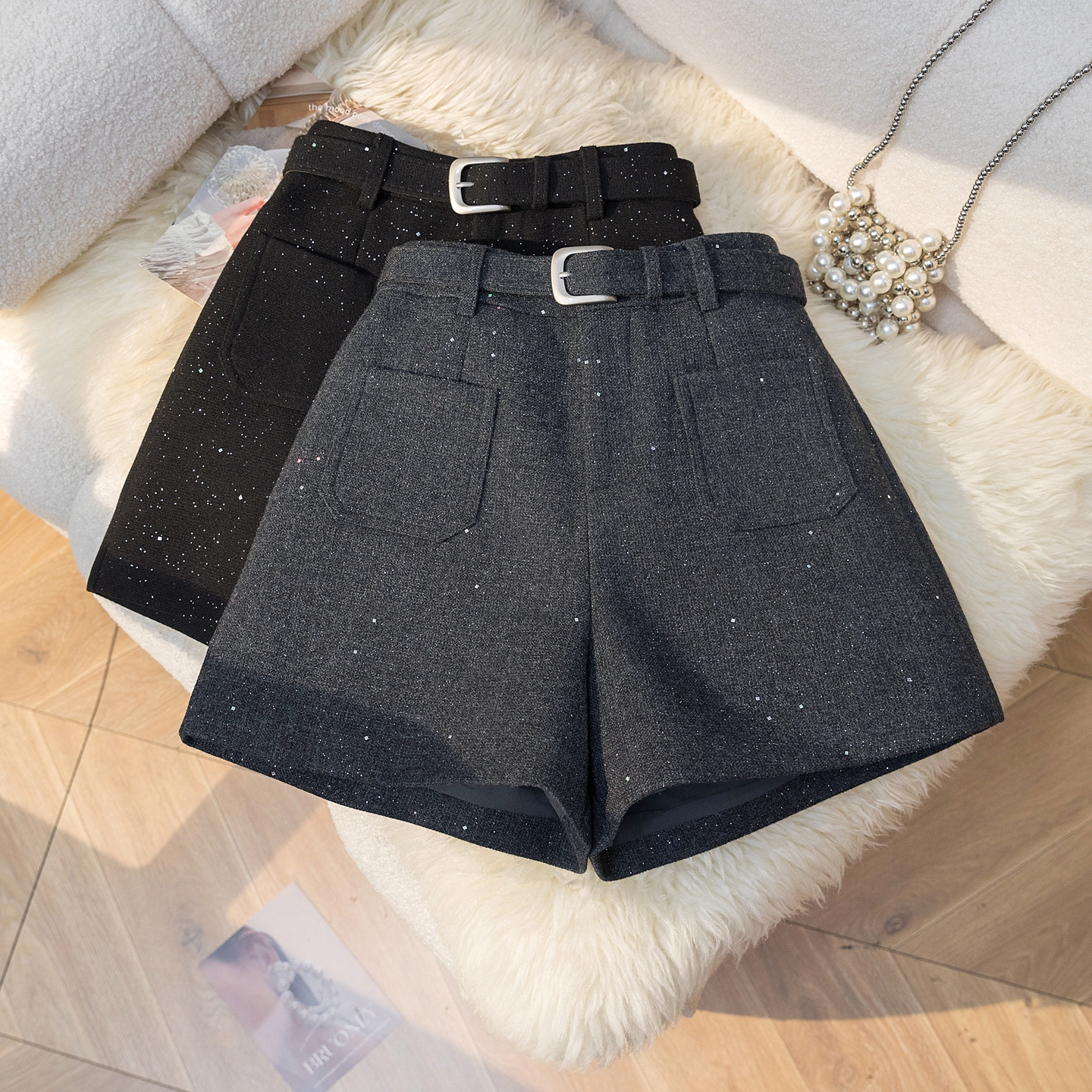 小香风亮闪闪灰色毛呢短裤女2025秋冬宽松高腰a字阔腿裤百搭靴裤