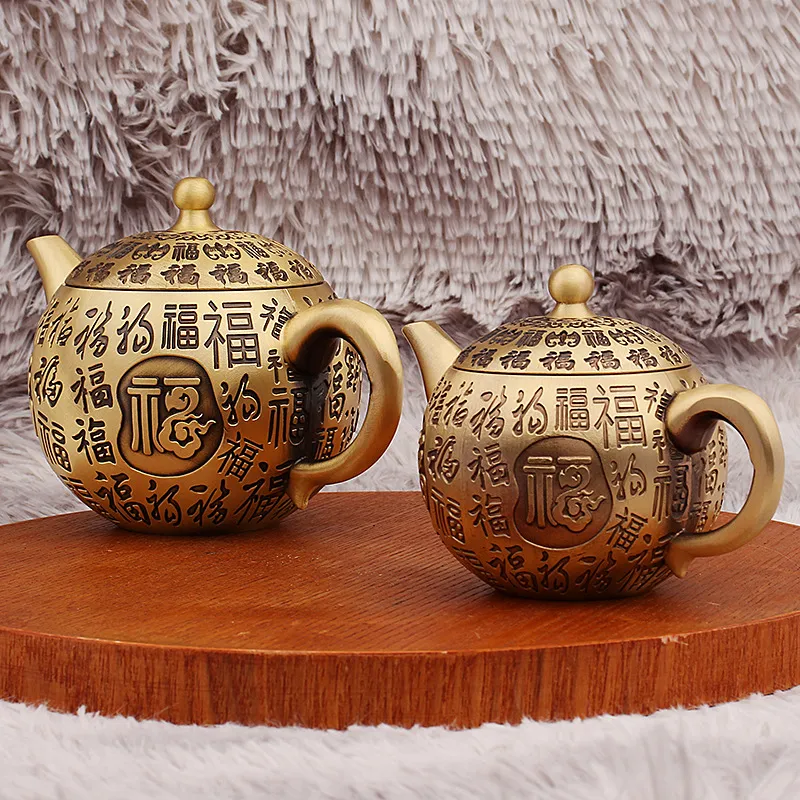 黄铜百福茶壶办公室茶桌茶具桌面装饰浮雕带盖铜壶摆件金属工艺品