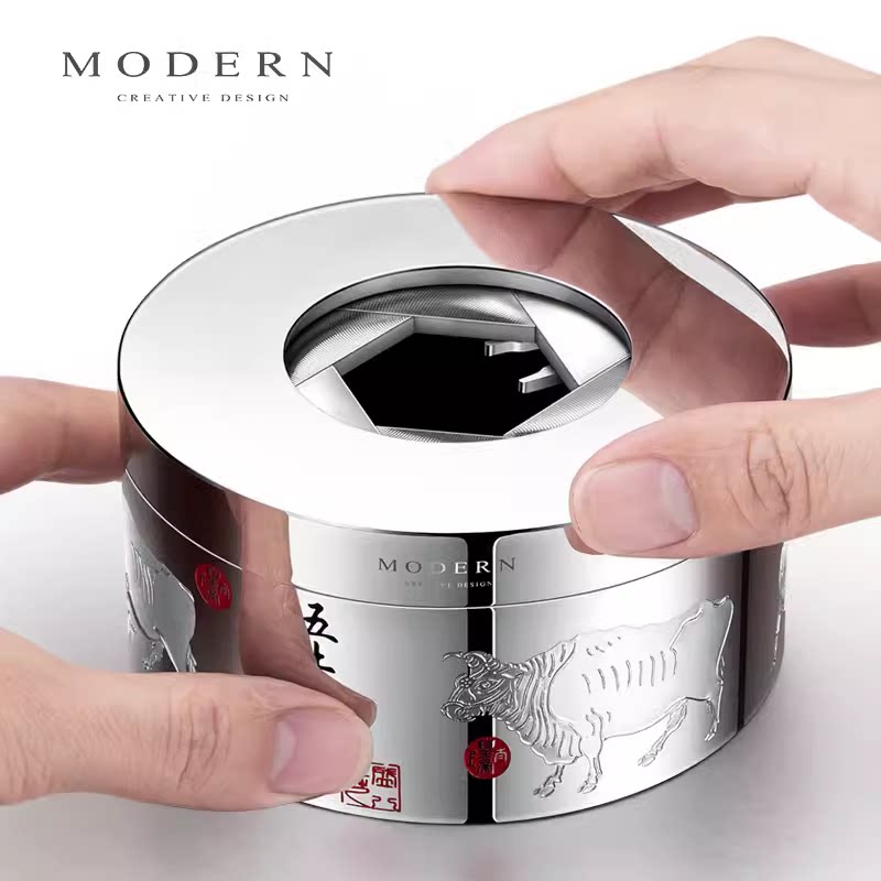 德国MODERN创意五牛图大烟灰缸不锈钢封闭式带盖防飞灰男精致礼品