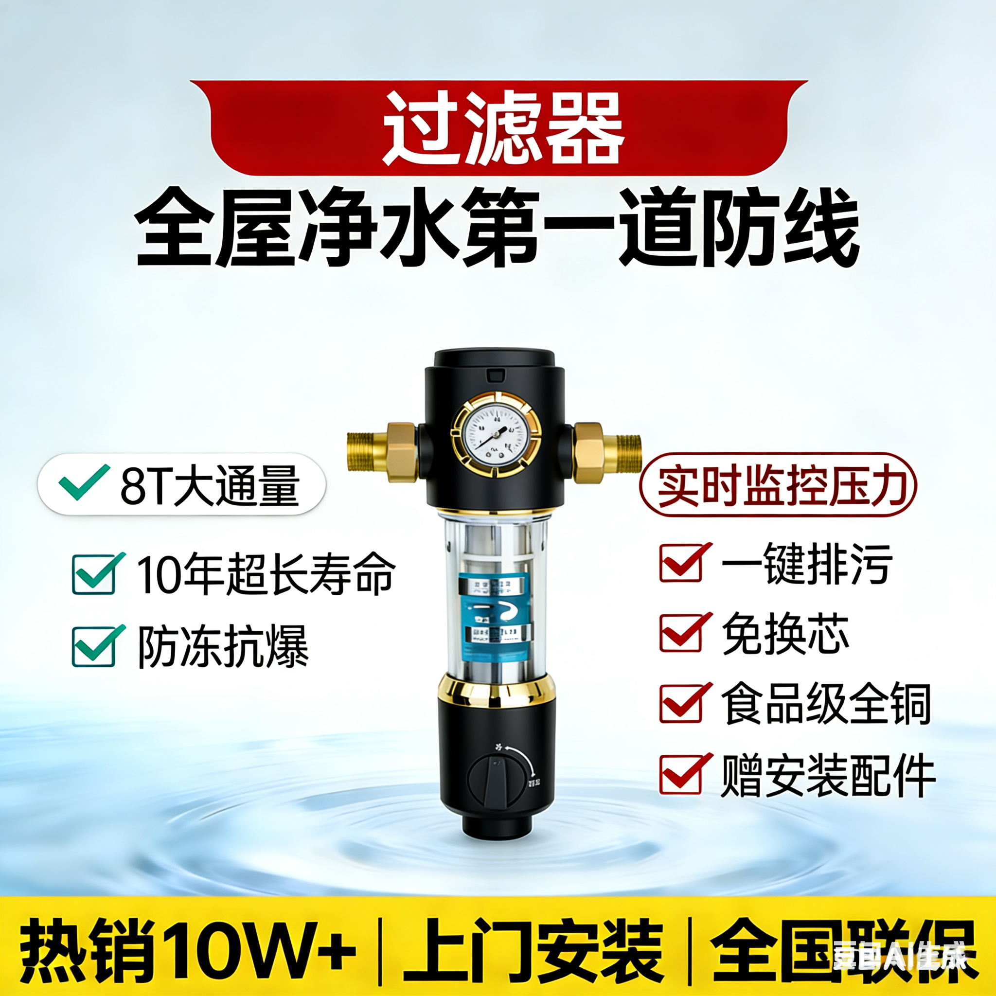 斯密思全铜前置过滤器家用反冲洗全屋自来水自动清洗净水器