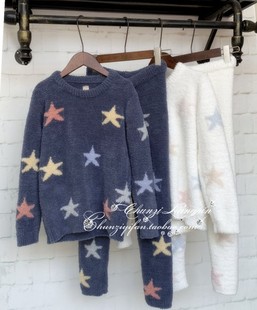 秋冬软绵绵儿童五角星家居服套装男女款日系保暖毛绒绒亲子睡衣