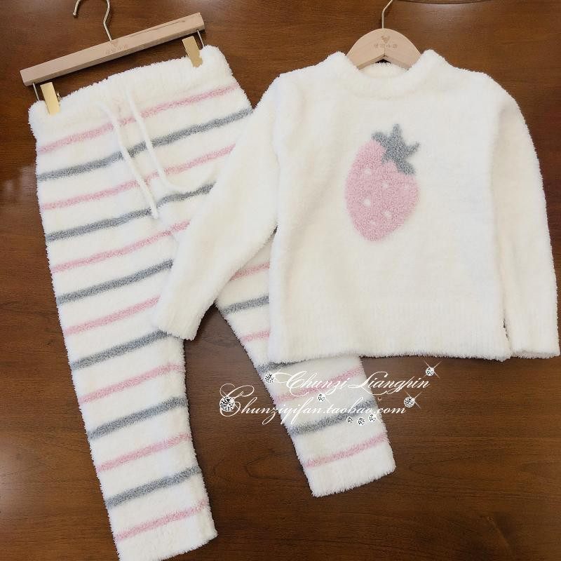 软绵绵日系冰激凌草莓条纹睡衣女毛绒秋冬保暖家居服套装亲子装