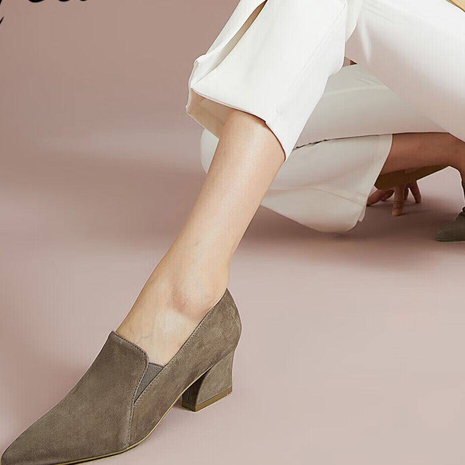 FED反羊皮秋季百搭尖头深口粗中跟单鞋女低帮切尔西通勤时装鞋女,女鞋,浅口单鞋,淘宝优惠券,粉丝福利购,淘宝优惠卷