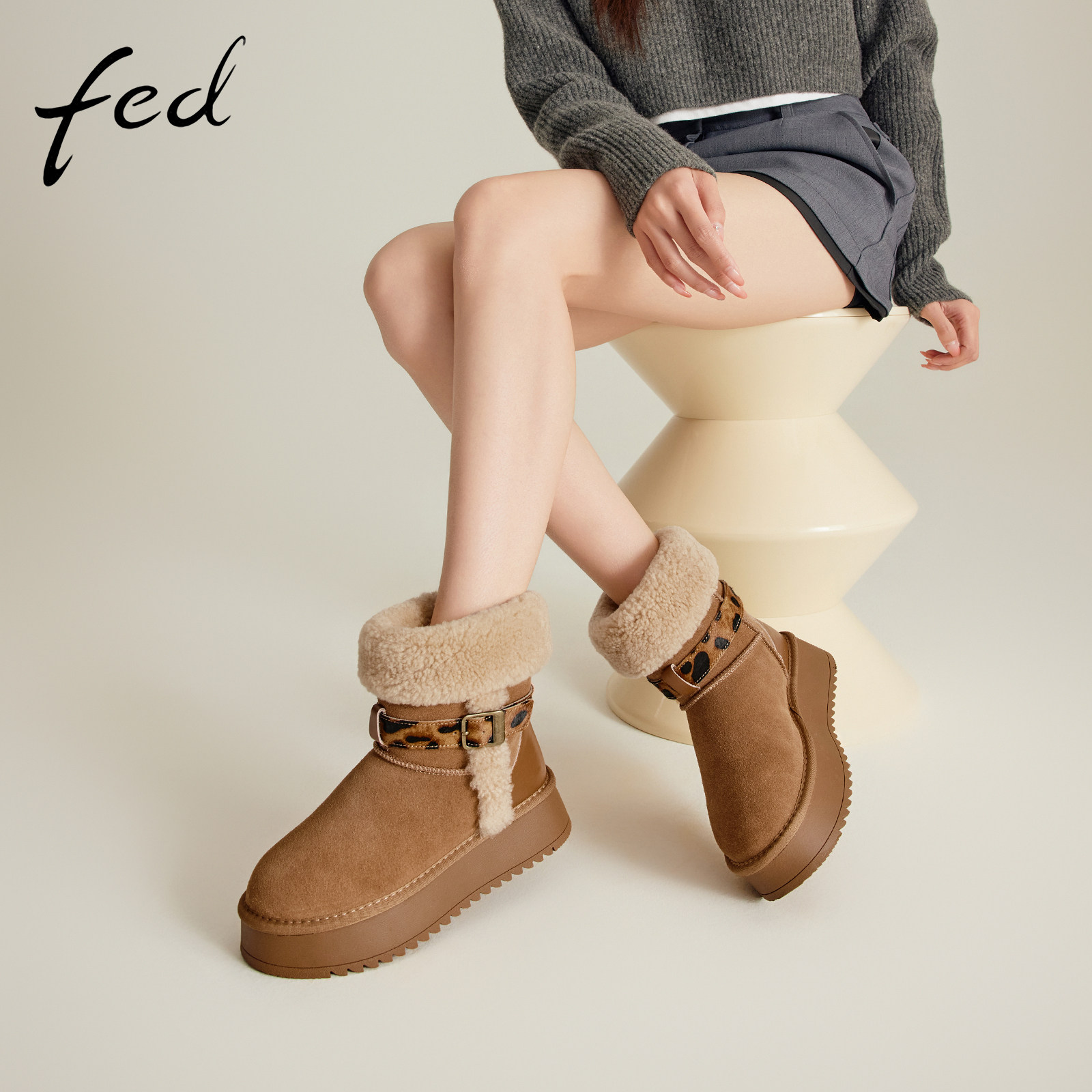 fed冬季加厚雪地靴羊毛靴口舒适棉靴百搭保暖短靴女D1206-ZC786