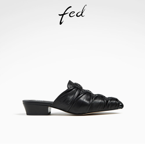 fed黑色包头半拖鞋夏季新款女鞋褶皱凉拖鞋穆勒鞋女款D0401-YA862