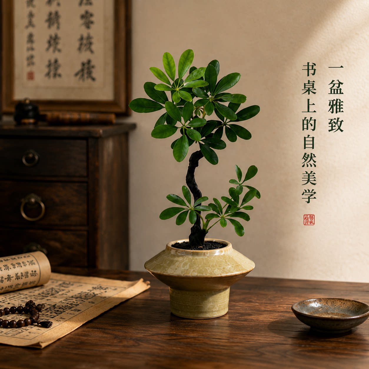 【八方来财】新中式 S 造型鸭脚木盆景办公室茶桌摆件室内绿植图片