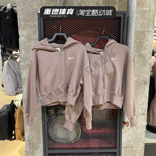 宽松短款全长拉链开襟加绒连帽衫