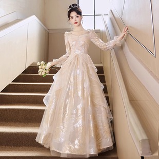 晚礼服裙女高级感气质2025新款主持人轻奢小众长袖高端纱裙成人礼