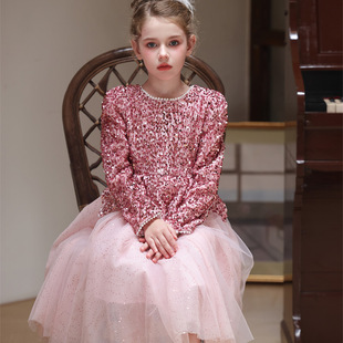 闪闪亮片女童公主裙秋冬丝绒粉色洋气儿童连衣裙生日礼服蓬蓬裙子