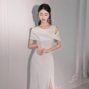 白色年会主持人晚宴轻礼服裙女成人礼生日party高端高级感小个子