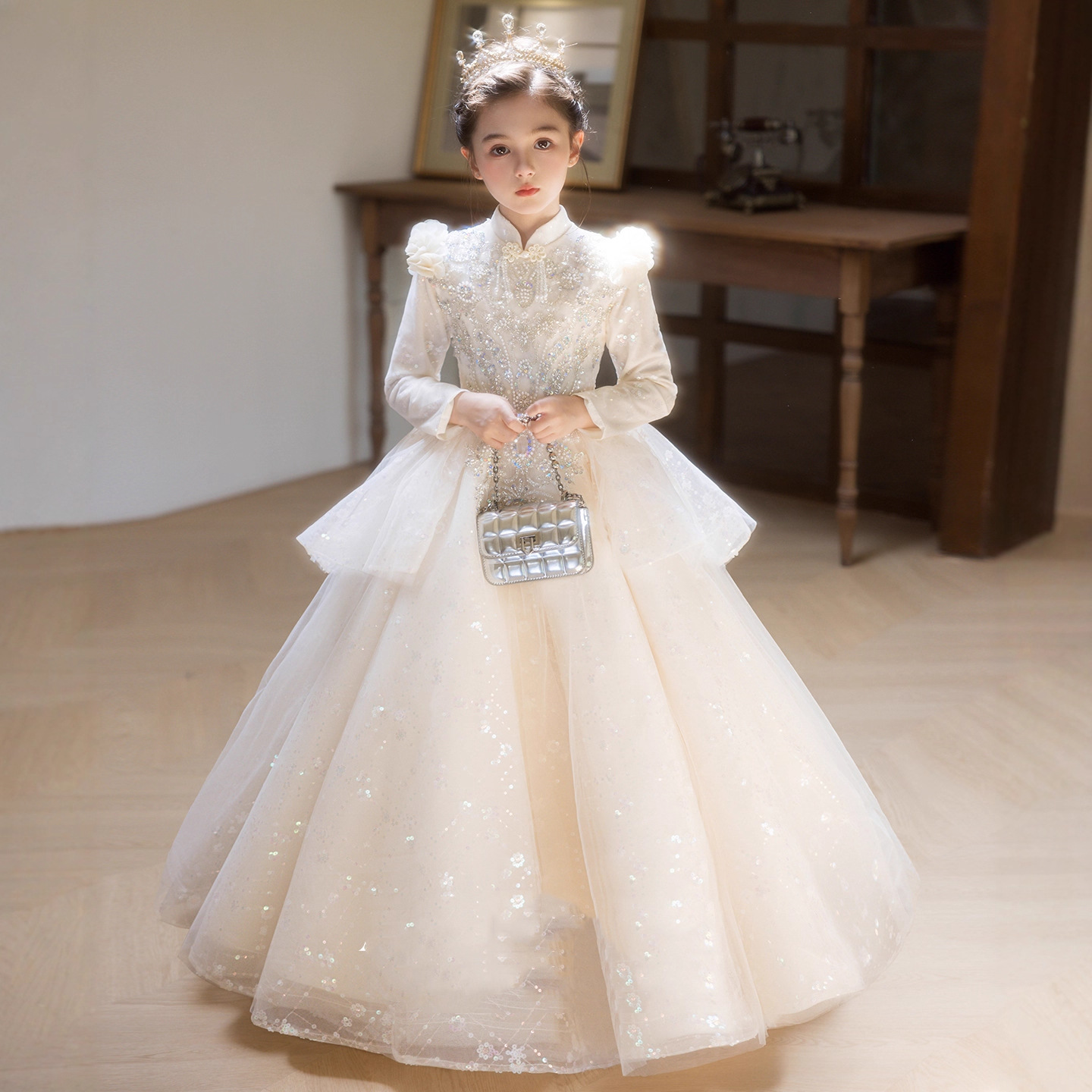 花童礼服女童公主裙钢琴演奏演出服婚礼小女孩生日主持人长袖高端