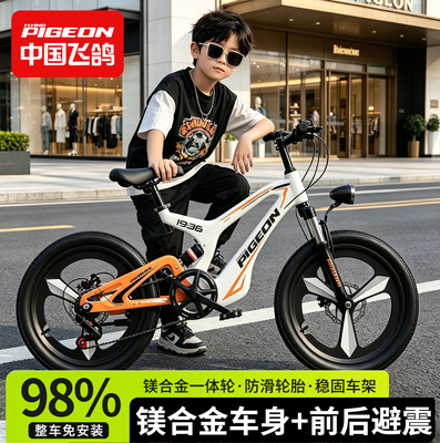 飞鸽儿童自行车6到12岁10-15新型镁合金车架双碟刹单车男孩山地车
