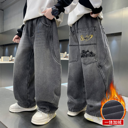 男童秋冬一体绒加厚刺绣牛仔裤