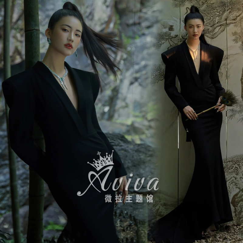 复古中国风鱼尾长裙西装款礼服