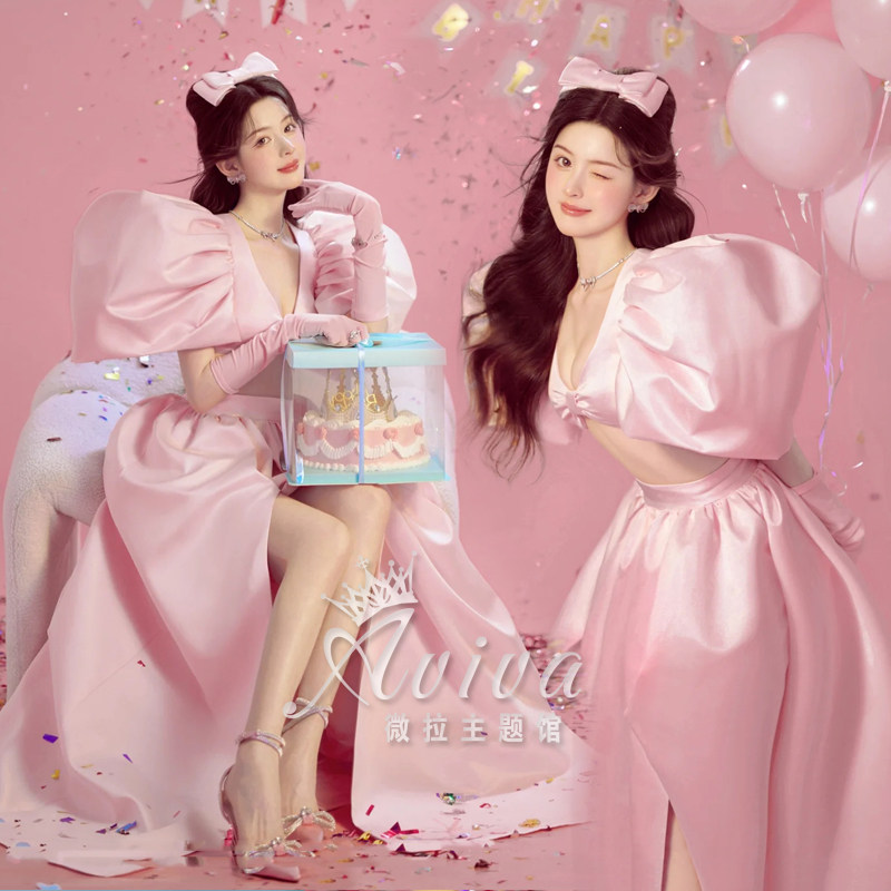 2023新品时尚甜美性感粉红分体缎面裙生日写真影楼服装舞台演出服